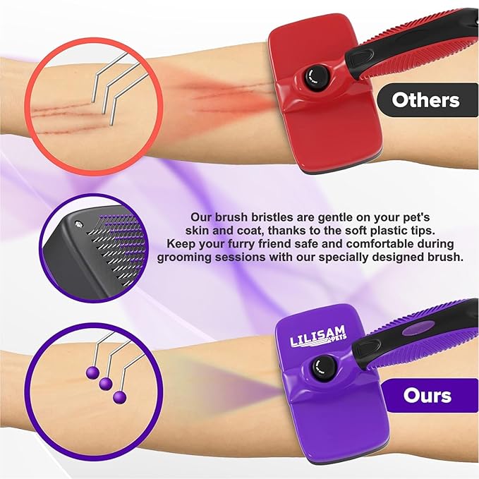 Pet Self Cleaning Slicker Brush and Grooming Comb - Gently Removes Loose Hair, Tangles, and Dirt - Skin Friendly Deshedding Grooming Tool for Hair Dogs &amp; Cats - Pet Supplies Accessories (Purple)