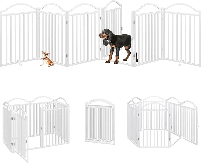 BHG Metal No-Assembly Freestanding Dog Gate with Door Walk Through, Extra Wide 144", Extra Tall 32" Pet Gate, Accordion Puppy Folding Playpen Dog Fence for Indoor &amp; Outdoor, with 2PCS Support - White