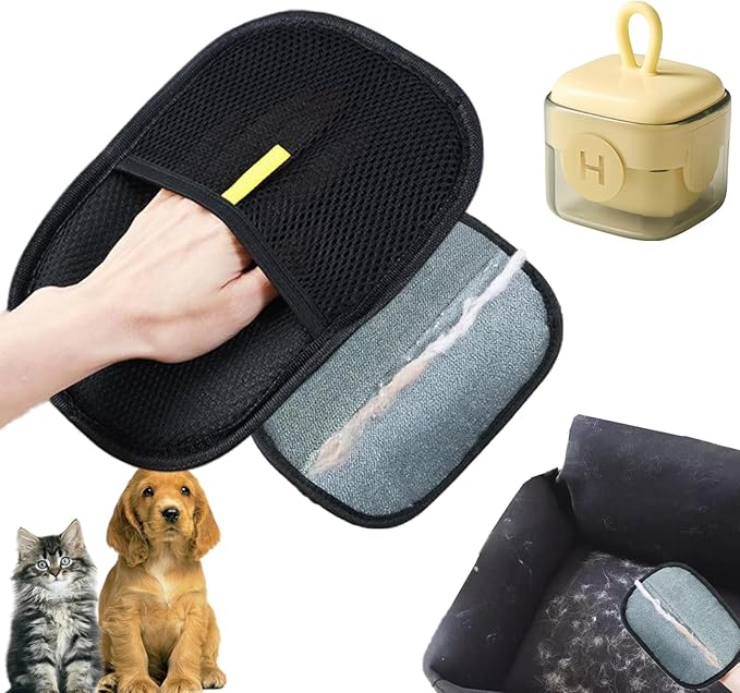 Pet Hair Removal Glove for Cats Dogs, Reusable Electrostatic Gloves Pet Hair Remover Mitt Easy Scrape Pet Hair from Cloth, Rugs, Cat Bed, Car Trunk(1 PC Glove &amp;1 PC Lint Roller)