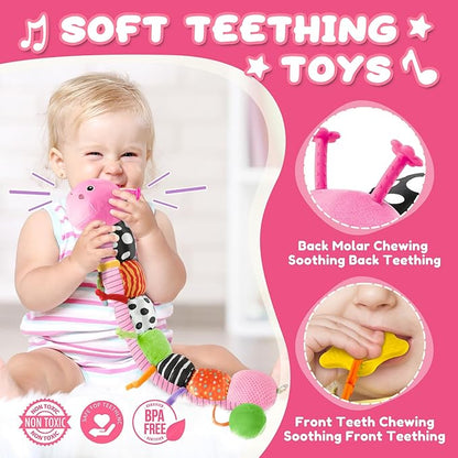 Baby Toys 0-6-12 Months,Musical Caterpillar Stuffed Animals Activity Infant Toys with Crinkle,Rattles,Mirror&amp;Pull String,Muti-Sensory Toys Gifts for Newborn Tummy Time,Pink,Knot prolegs