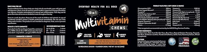 Multivitamin Dog Supplement – 10 in 1 with Omega Fish Oil &amp; Glucosamine for Improved Joint &amp; Skin Support, Gut, Digestion &amp; Immune Everyday Health (120 Chewable Treats)