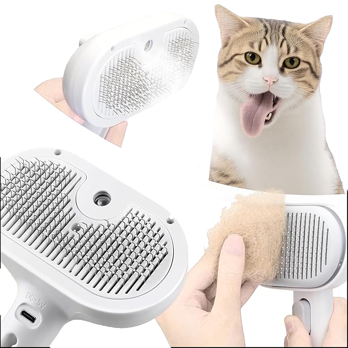 Cat steam brush – Effective Pet Brush for Indoor Cats, Steam Technology for Shedding, Mats &amp; Grooming – Ideal cat brush indoor for Deep Cleaning (White)