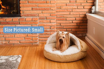 Snoozer Luxury Cozy Cave Dog Bed - Indoor Dog Bed with Cover Cave, Covered Calming Burrow for Medium &amp; Large Sized Pets with Blanket Attached, Enclosed, Washable - XL, Camel