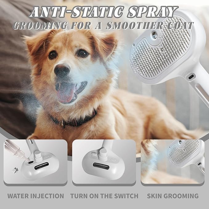 Cat Steam Brush, 3 in 1 Cat Brush for Shedding &amp; Grooming, Water Brush for Cats Dogs, Pet Hair Removal Comb for Long Short Haired Small Animal, Self Cleaning Slicker Brush with Release Button