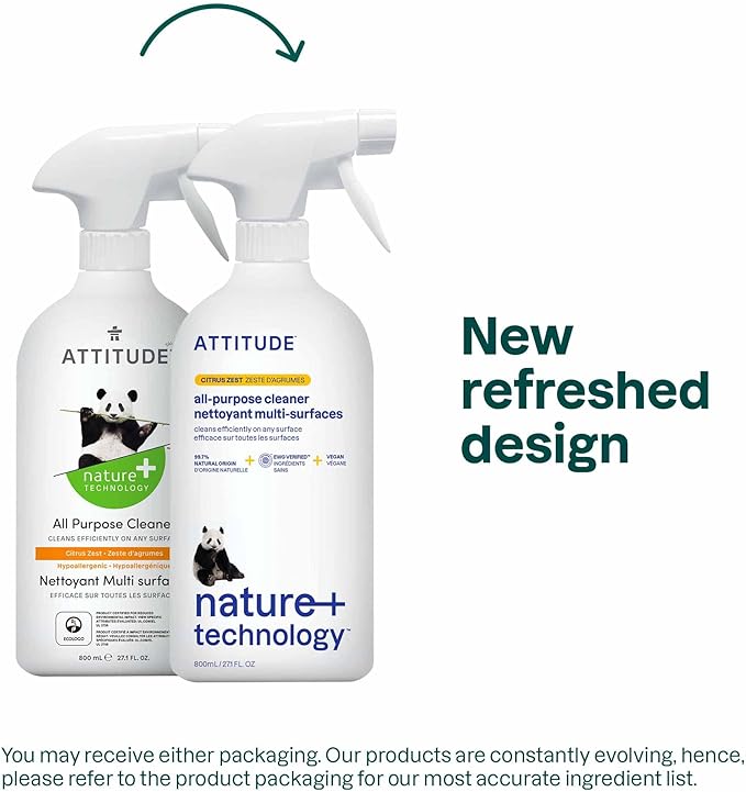 ATTITUDE All Purpose Cleaner Spray, EWG Verified, Vegan, Made with 94% Plant-Based Ingredients, Streak-Free for Kitchen, Bathroom, Glass &amp; More, Citrus Zest Scent, 27.1 Fl Oz