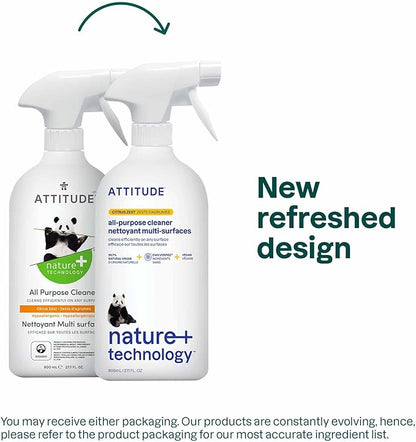 ATTITUDE All Purpose Cleaner Spray, EWG Verified, Vegan, Made with 94% Plant-Based Ingredients, Streak-Free for Kitchen, Bathroom, Glass &amp; More, Citrus Zest Scent, 27.1 Fl Oz