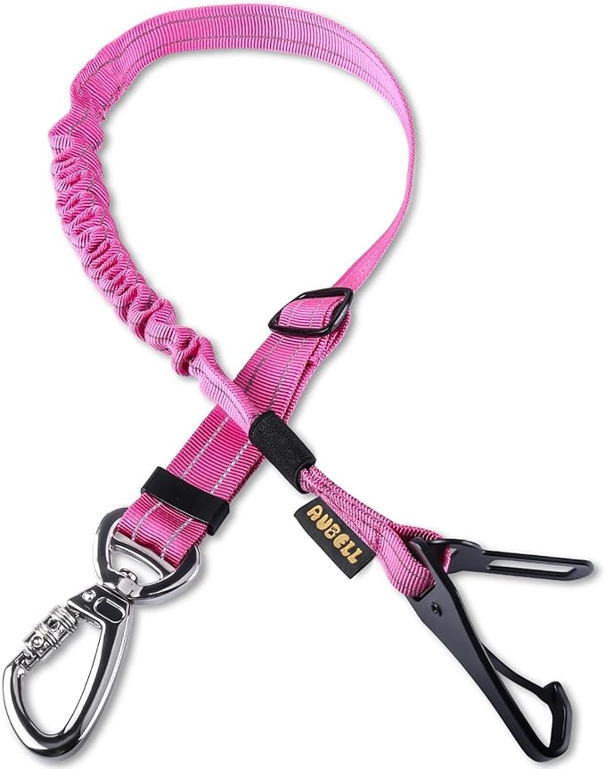 AUBELL Dog Seat Belt for Car,Updated 3-in-1 Adjustable Reflective Bungee Heavy Duty Dog Car Harness Tether with Clip Hook Latch &amp; Buckle,Swivel Zinc Alloy Carabiner,Hotpink
