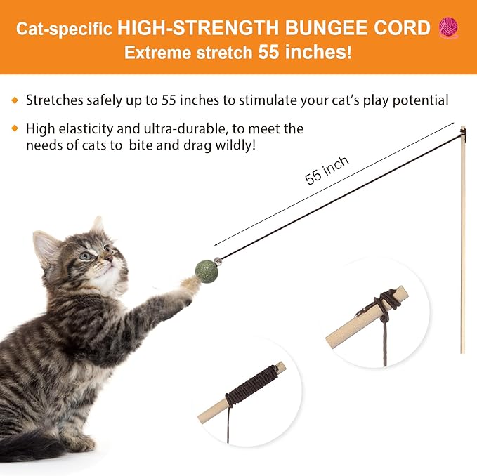 Cat Feather Toys with Catnip Ball, Feathers &amp; Bell - 2 Replaceable Mouse Heads, Elastic Rope &amp; Wooden Handle for Aggressive Kittens, Durable Bite-Proof Interactive Cat Teaser for Indoor Play