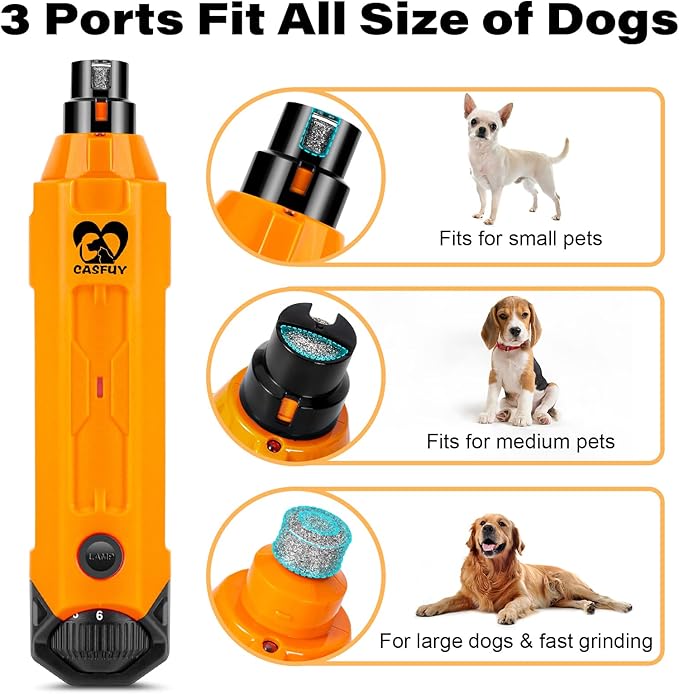 Casfuy 6-Speed Dog Nail Grinder - Newest Enhanced Pet Nail Grinder Super Quiet Rechargeable Electric Dog Nail Trimmer Painless Paws Grooming &amp; Smoothing Tool for Large Medium Small Dogs (Orange)