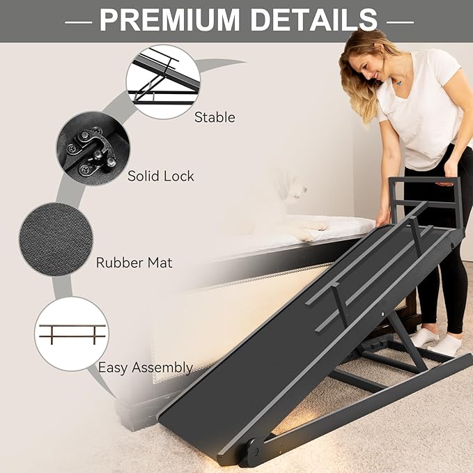 ABORON Folding Pet Ramp, 5-Level Adjustable Dog Ramp for Bed, Couch, SUV - High Traction Rubber Surface, Supports up to 200 lbs, 45.2" Long - Ideal for Small &amp; Large Dogs &amp; Cats,Black Finish