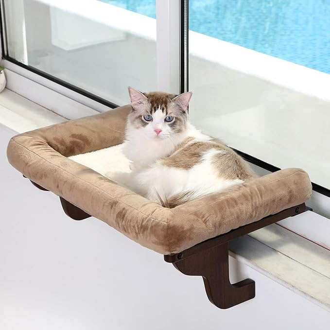Cat Perch for Window Sill with Bolster - Orthopedic Hammock Design with Premium Hardwood &amp; Robust Metal Frame - Cat Window Seat for Large Cats and Kittens - Dark Stained Wood with Brown Bed