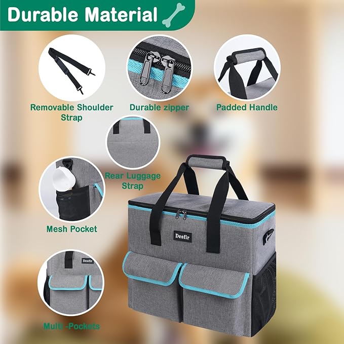 Large Pet Travel Bag Organizer - Dog &amp; Cat Tote with Food Containers, Bowls, Feeding Mat, Perfect for Camping, Hiking (Multi-Pocket Design)