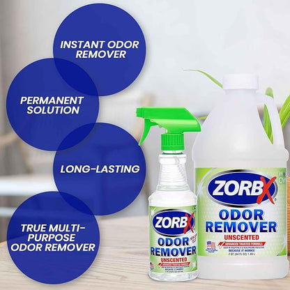 ZORBX Unscented Odor Eliminator for Strong Odor 16 Oz + 64 Oz - Used in Hospitals &amp; Healthcare Facilities - Advanced Trusted Formula, Fast-Acting Odor Remover Spray for Dog, Cat, House &amp; Carpet