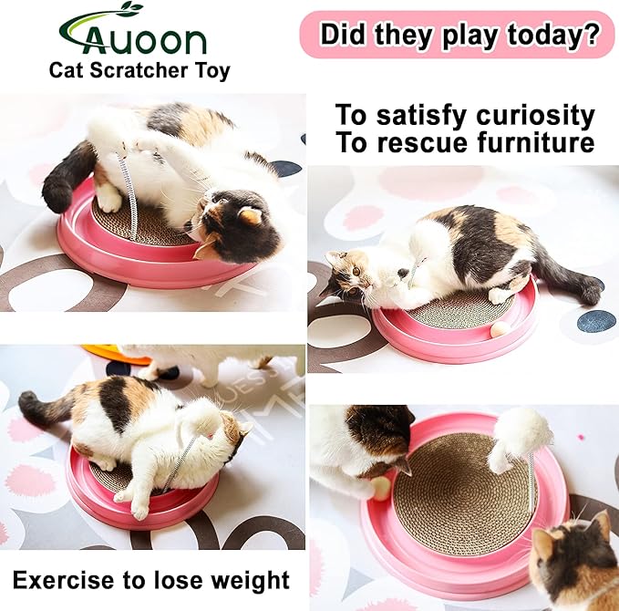 AUOON Cat Scratcher Toy - Cat Scratch Pad with Cat Toy Ball Track and Plush Mouse Toy for Indoor Cats and Kittens (Gray)