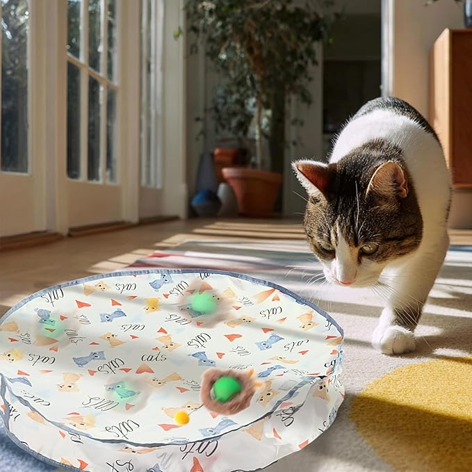 Rocfish Interactive Cat Toys Ball - Automatic Fast Rolling Ball in Play Mat, Hide and Seek Mouse Catching Game, Low-Noise Cat Enrichment Toys in Pouch for Indoor Bored Cats (Green Toy &amp; Round Mat)