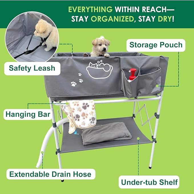Elevated Dog Bathtub, Portable Dog Washing Station for Home with Towel Bar &amp; Storage, Folding Pet Bath Tub for Small &amp; Medium Dogs