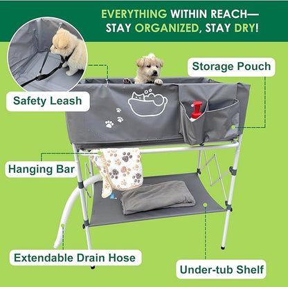 Elevated Dog Bathtub, Portable Dog Washing Station for Home with Towel Bar &amp; Storage, Folding Pet Bath Tub for Small &amp; Medium Dogs