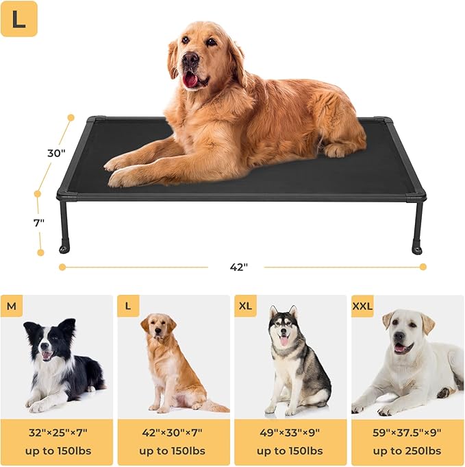 Veehoo Chewproof Elevated Dog Bed - Cooling Raised Pet Cot, Breathable Mesh, Washable &amp; Non-Slip for Large Dogs, Indoor/Outdoor, Black Mat and Black Frame, 42x30inches (Model CWC2203A03)