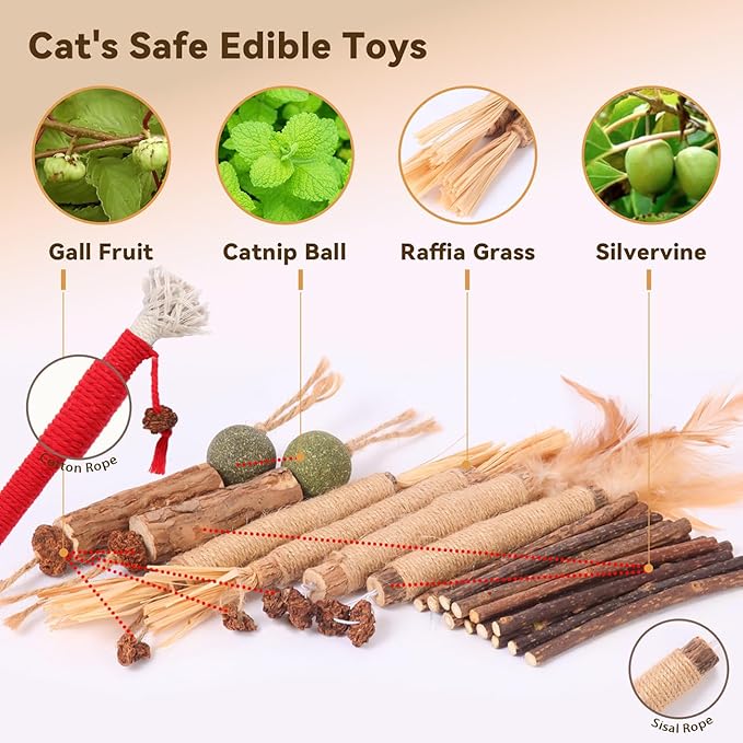 Cat Toys Cat Chew Toys, Silvervine Sticks Catnip Rope Toys for Cats Teeth Cleaning, Kitten Dental Care, Kitty for Indoor Cats Increase Appetite,Enhances Oral &amp; Dental Health (20 Pack)