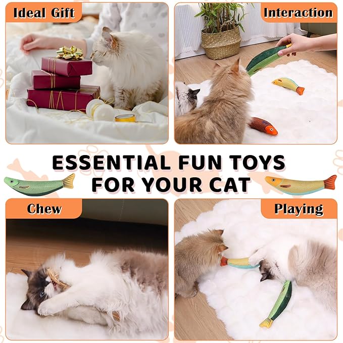 Cat Toys 4 Pack, Fish Shaped Catnip Toys with Crinkle Sound, Durable Interactive Chew &amp; Kicker Toys for Indoor Cats, 8.1 Inch for All Breeds