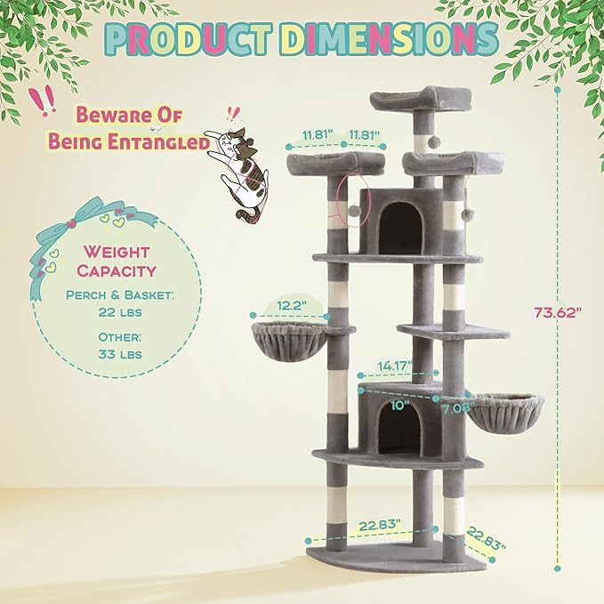 SHA CERLIN 73" Space-Saving Cat Tree/Multi-Level Tall Cat Tower with Perches/Scratching Posts/Condo &amp; Hanging Baskets/Modern Fan-Shaped Design for Indoor Kitties/Pet Activity House/Grey