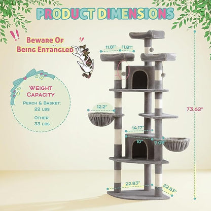 SHA CERLIN 73" Space-Saving Cat Tree/Multi-Level Tall Cat Tower with Perches/Scratching Posts/Condo &amp; Hanging Baskets/Modern Fan-Shaped Design for Indoor Kitties/Pet Activity House/Grey