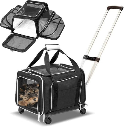 Airline Approved Expandable Premium Pet Carrier on Wheels- Two Sided Rolling Carrier- Designed for Dogs &amp; Cats- Extra Spacious Soft Lined Carrier! (Black) (RL-PET-CARRIER-WHEELS)