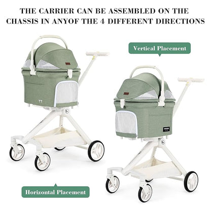 TT Lightweight Pet Stroller for Small Dog&amp;Cat,One-Hand-Fold Pet Travel Stroller with Canopy and Cup Holder, 4-Way Convertible Carrier.Green