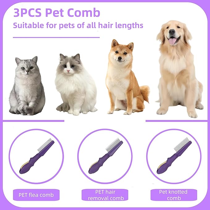 Temapex 3PCS Pet Comb for Grooming Long &amp; Short Haired Cats &amp; Dogs With Stainless Steel Metal Teeth for Removes Tangles &amp; Flea, Non-Slip &amp; Anti-Static Rubber Handle, Safe &amp; Gentle