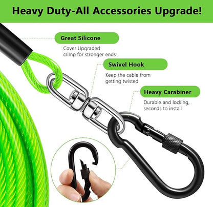 Dog Tie Out Cable 30FT-500Lbs,Heavy Duty Dog Leads Line for Yard with Swivel Hook,Medium Large Dogs Leash&amp;Chains for Outside,Rust Chew Proof Dogs Run Cable for Outdoor Camping (Green, 30FT)