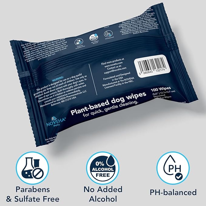 NOVEHA Dog Eye Wipes - Tear Stain Remover for Dogs - Formulated to Remove Eye Debris, Tear Stains &amp; Eye Discharge - Plant Based, Safe, Convenient, and Large Unscented Wipes (100 Count x 3 Packages)