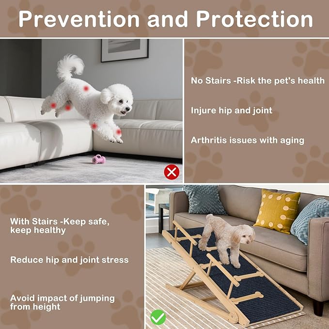 Dog Ramp for Bed, Non-Slip Pet Ramp with 5 Adjustable Heights, Portable Foldable Wooden 40" Long Pet Stairs for Small &amp; Large Old Dogs &amp; Cats - Lightweight &amp; Easy Storage