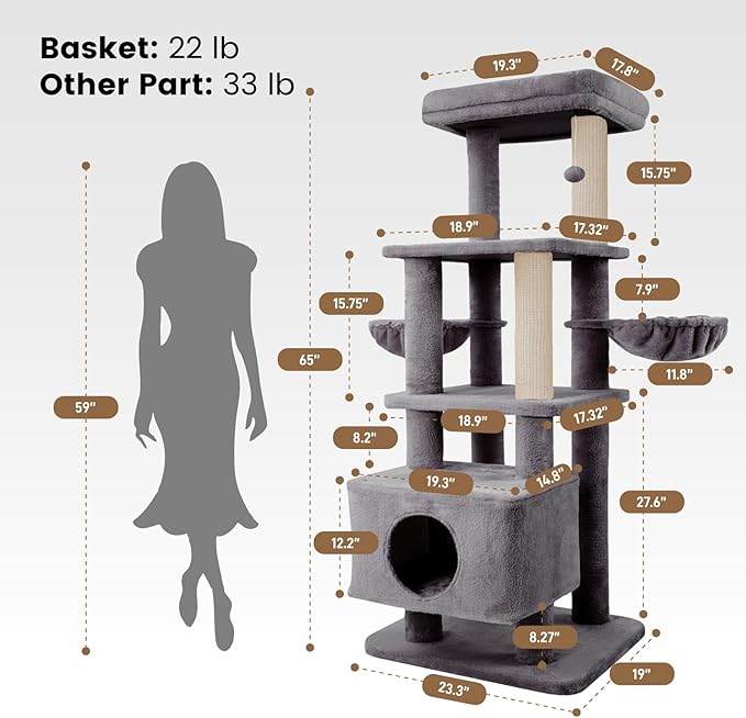 Gardner Pet 65in Heavy Duty Cat Tree Tower for Large Cats, Multi-Level Cat Furniture with Replaceable Sisal Scratching Post, Hammock | Extra-Large Platform &amp; Condo (Upgraded Grey)