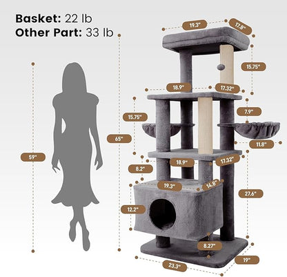 Gardner Pet 65in Heavy Duty Cat Tree Tower for Large Cats, Multi-Level Cat Furniture with Replaceable Sisal Scratching Post, Hammock | Extra-Large Platform &amp; Condo (Upgraded Grey)