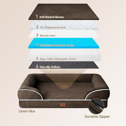 EHEYCIGA Orthopedic Dog Beds for Extra Large Dogs, Waterproof Memory Foam XL Dog Bed with Sides, Non-Slip Bottom and Egg-Crate Foam Big Pet Couch Bed with Washable Removable Cover, Brown