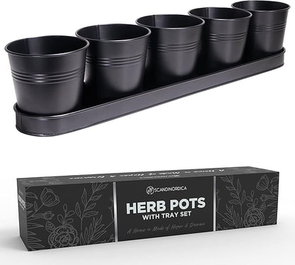 SCANDINORDICA Black Herb Planter – 5 Pots with Drainage Holes and Tray, Windowsill Planter, Herb Pots for Indoor Outdoor Plants | Kitchen &amp; Garden Decor