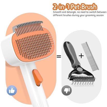 Self Cleaning Slicker Brush, 2-in-1 Cat Brush for Shedding, Skin Friendly Grooming Tool for Long &amp; Medium-Long Hair Pets, Adjustable Bristle Length with Dematting Comb for Cats, Dogs (Orange)