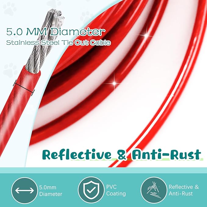 Red Chew Proof 30FT Dog Tie Out Cable, Heavy Duty Dog Lead for Yard &amp; Camping