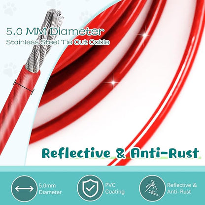 Red Chew Proof 30FT Dog Tie Out Cable, Heavy Duty Dog Lead for Yard &amp; Camping