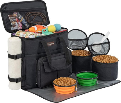Modoker Dog Travel Bag with 2 Collapsible Dog Bowls, 1 Dog Backpack, Airline Approved Pet Travel BagOrganizer for Supplies &amp; Accessories, 2 Travel Dog Food Container, Black