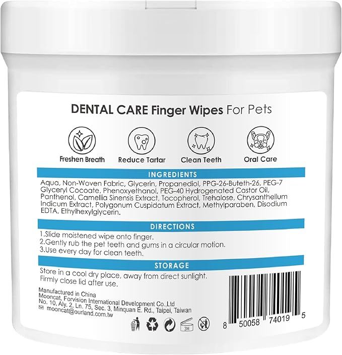 Mooncat Dental Finger Wipes for Dogs &amp; Cats - Easy Teeth Cleaning to Remove Plaque, Tartar &amp; Freshen Bad Breath - Gentle Tooth Wipes for Puppy &amp; Kitten Care - 40 Counts