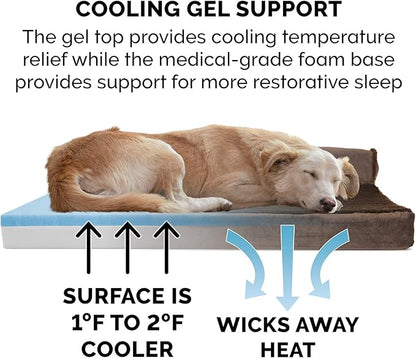 Furhaven Cooling Gel Dog Bed for Large Dogs w/ Removable Bolsters &amp; Washable Cover, For Dogs Up to 125 lbs - Plush &amp; Velvet L Shaped Chaise - Sable Brown, Jumbo Plus/XXL