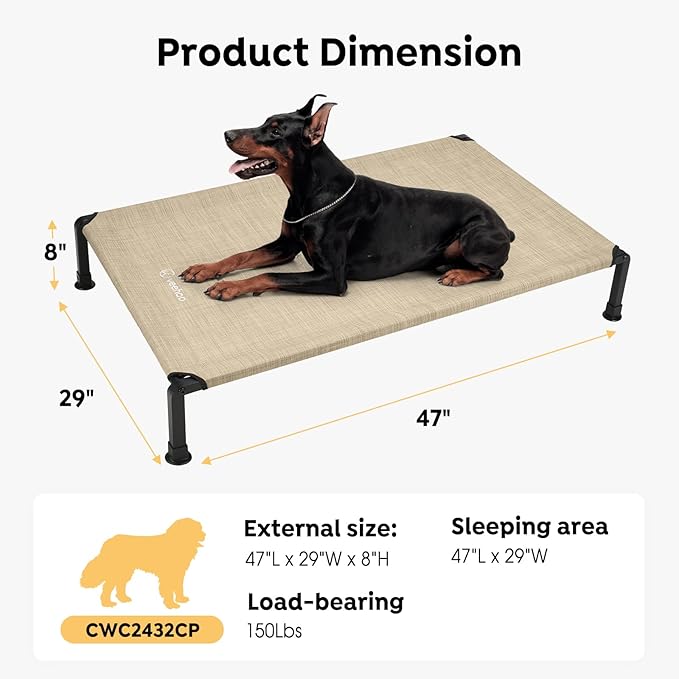 Veehoo Heavy Duty Elevated Dog Bed - Raised Dog Cot with Washable &amp; Breathable Teslin Mesh, Non-Slip Silicon Feet, Cooling for Indoor or Outdoor, 47" x 29", Beige Coffee