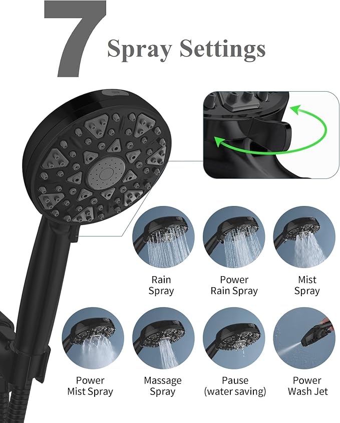 High Pressure Shower head with Handheld 7 Modes, Built-in Power Wash to Clear Tub. Tile &amp; Pets, 5” High Flow Hand Held Hydro Rain Showerhead with Stainless Steel Hose and Adjustable Bracket-Matt Black