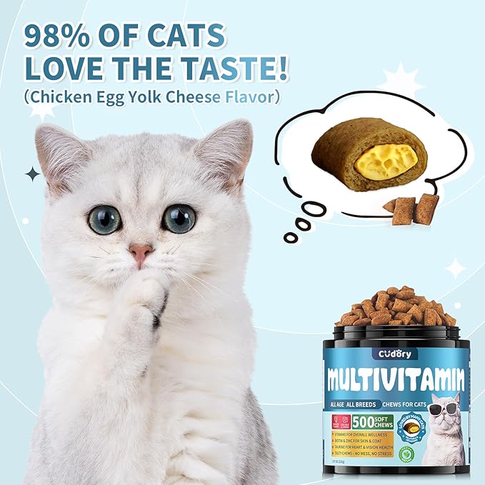 Cat Multivitamin, Crunchy &amp; Creamy Cheese Chew– Supports Energy and Skin &amp; Coat – with Taurine, B-Complex, Zinc Methionine &amp; Selenium Yeast – Daily Health Supplement for Cats of All Ages (500 Chew)