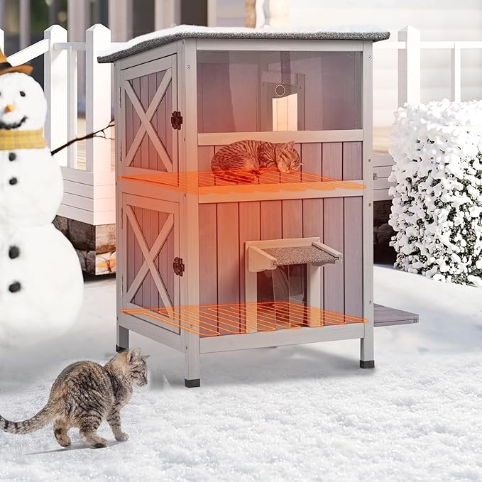 GUTINNEEN Outdoor Heated Cat House for Winter, Weatherproof Wooden Feral Cat Shelter with Escape Door, Heating Pad &amp; Removable Mat(AIR14-Heated)