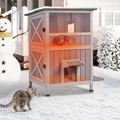 GUTINNEEN Outdoor Heated Cat House for Winter, Weatherproof Wooden Feral Cat Shelter with Escape Door, Heating Pad &amp; Removable Mat(AIR14-Heated)