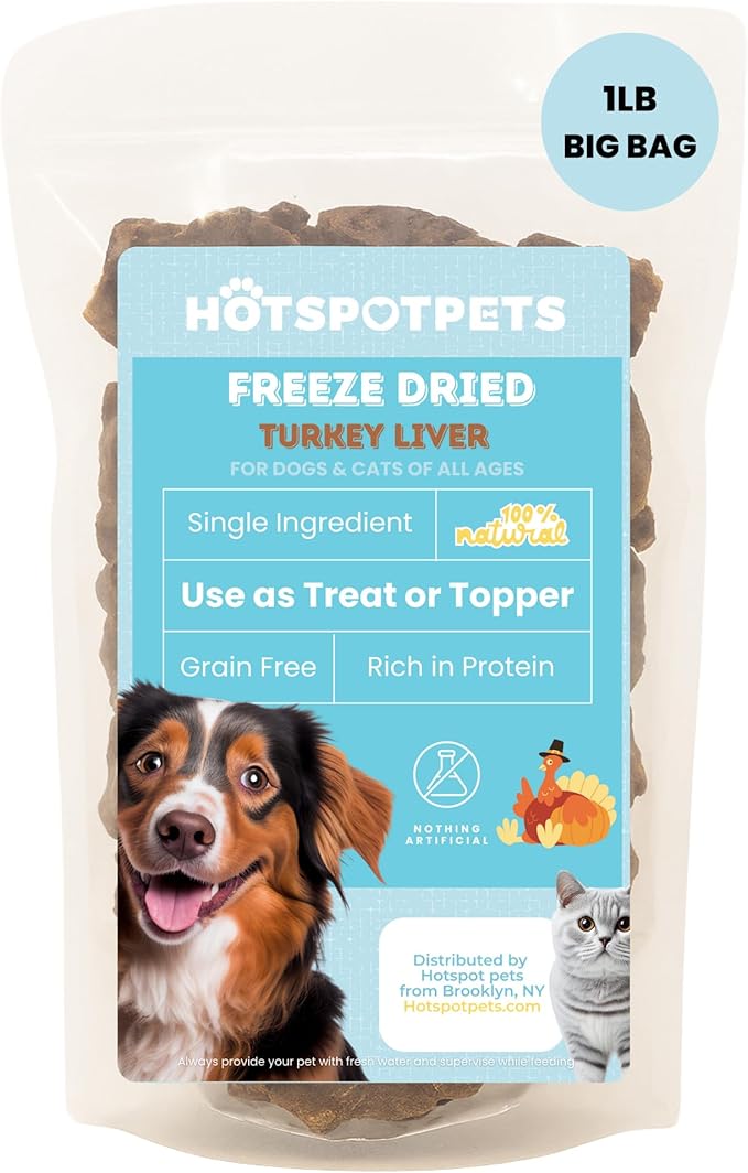 hotspot pets Freeze Dried Turkey Liver Treats for Cats &amp; Dogs -Made in USA, 1lb Big Bag, Single Ingredient All Natural Grain-Free Turkey Liver- Crunchy, Perfect for Training, Topper or Snack