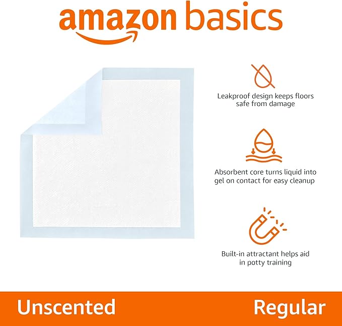 Amazon Basics Dog and Puppy Pee Pads, 5-Layer Leak-Proof Super Absorbent, Quick-Dry Surface, Potty Training, Regular (22x22"), 50 Count, Blue &amp; White