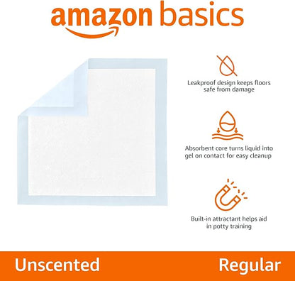 Amazon Basics Dog and Puppy Pee Pads, 5-Layer Leak-Proof Super Absorbent, Quick-Dry Surface, Potty Training, Regular (22x22"), 100 Count, Blue &amp; White